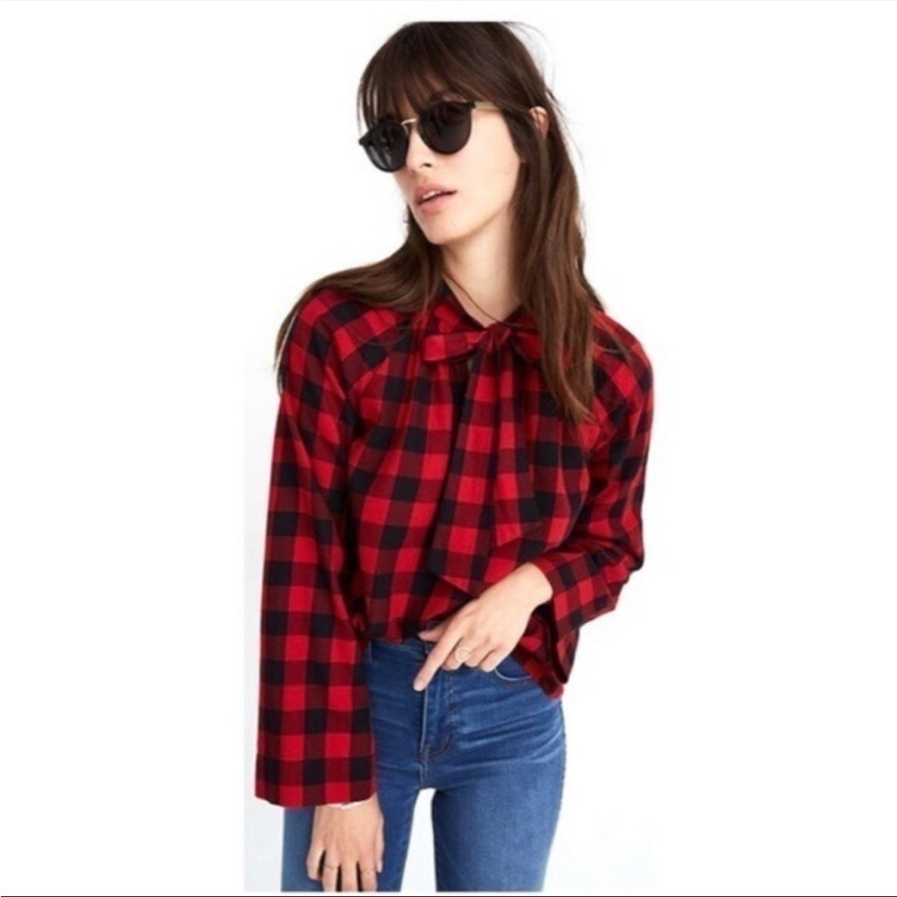 Madewell Tie-Neck Popover Shirt in Buffalo Check, Size XS